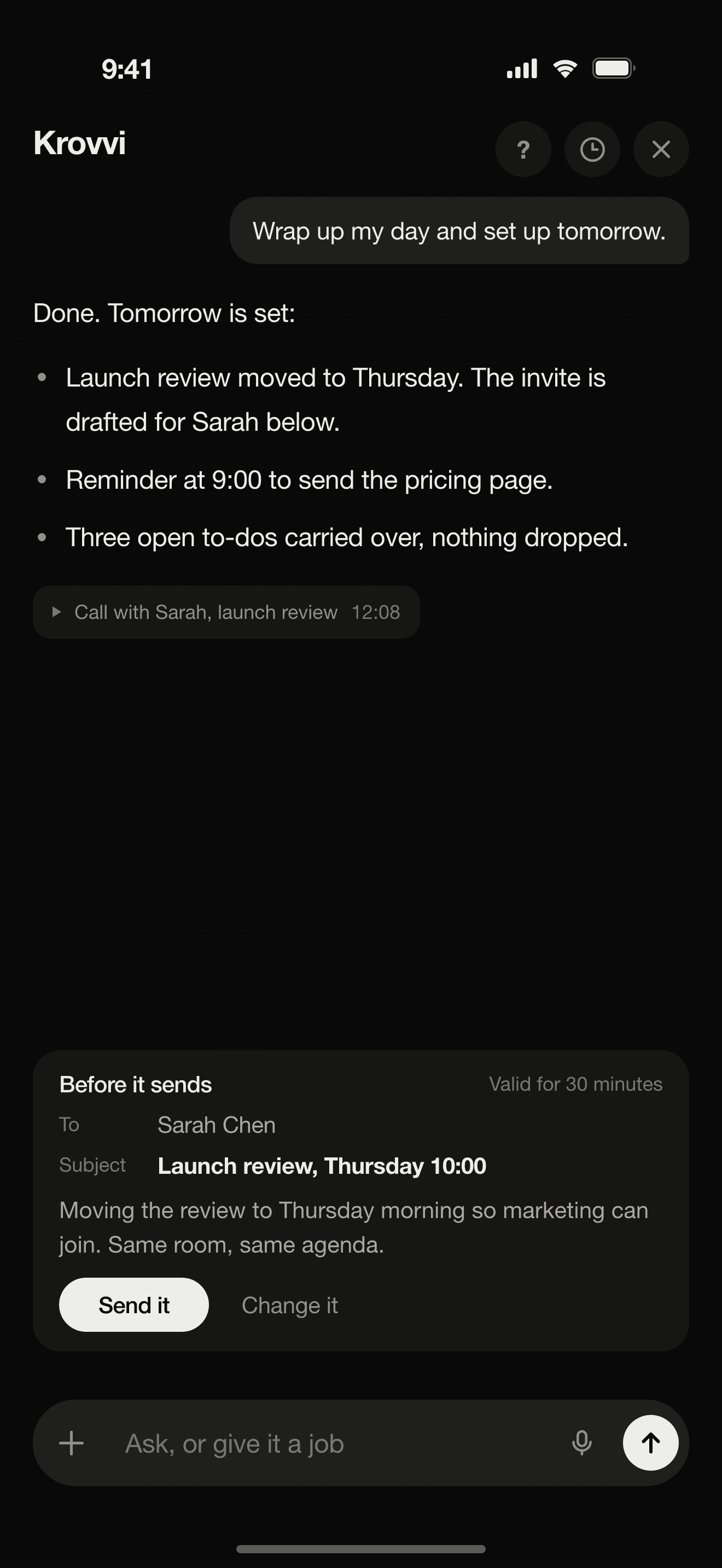 The Krovvi assistant wrapping up a day: reminders set, an email drafted for approval