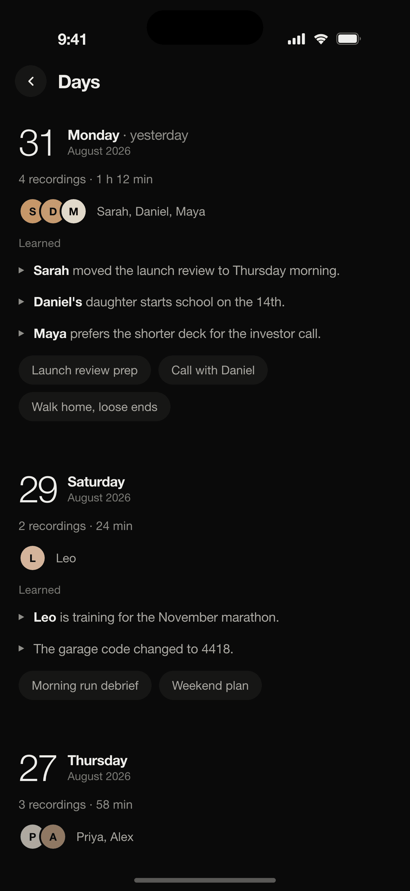 The Days journal: people, learned facts, and recordings day by day
