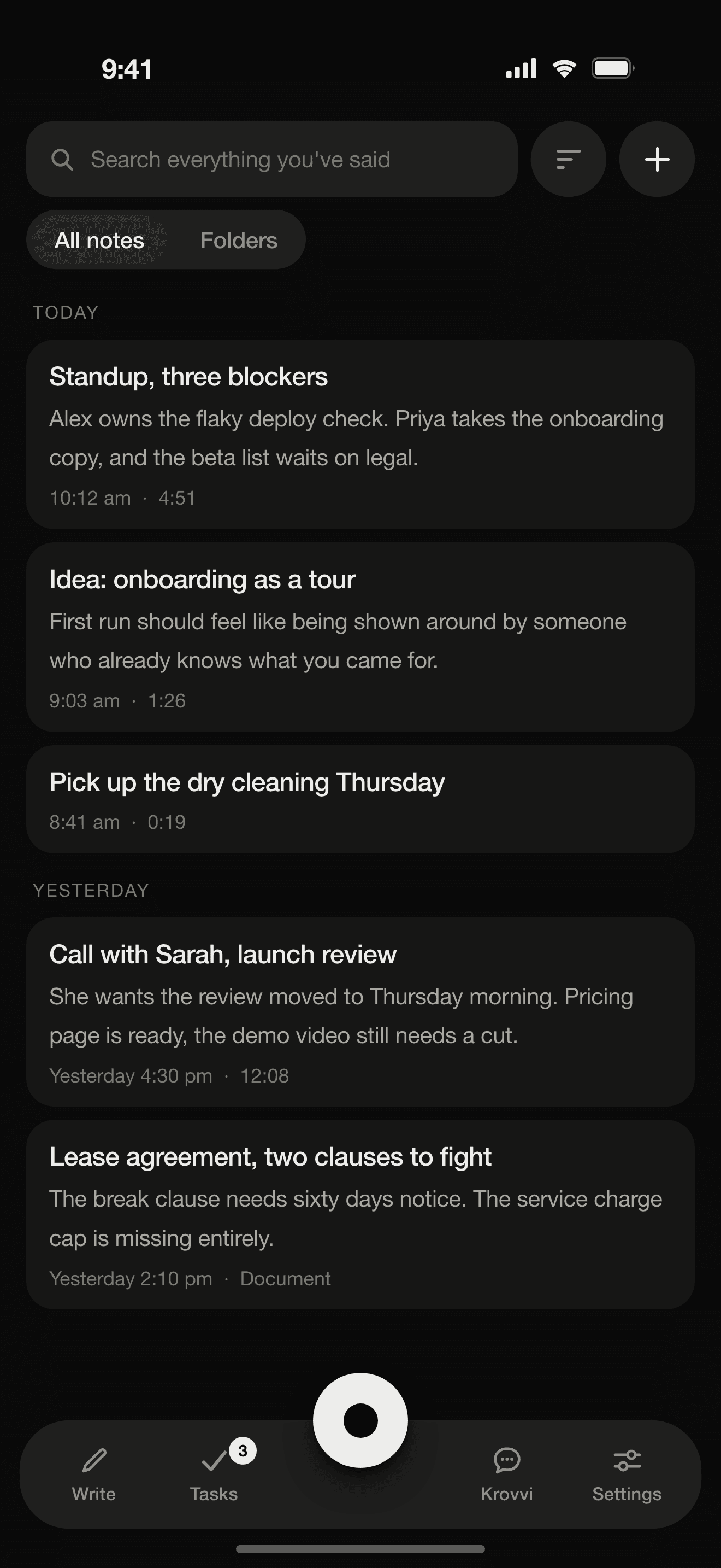 The Krovvi library: voice notes, documents, and meetings, each already written down