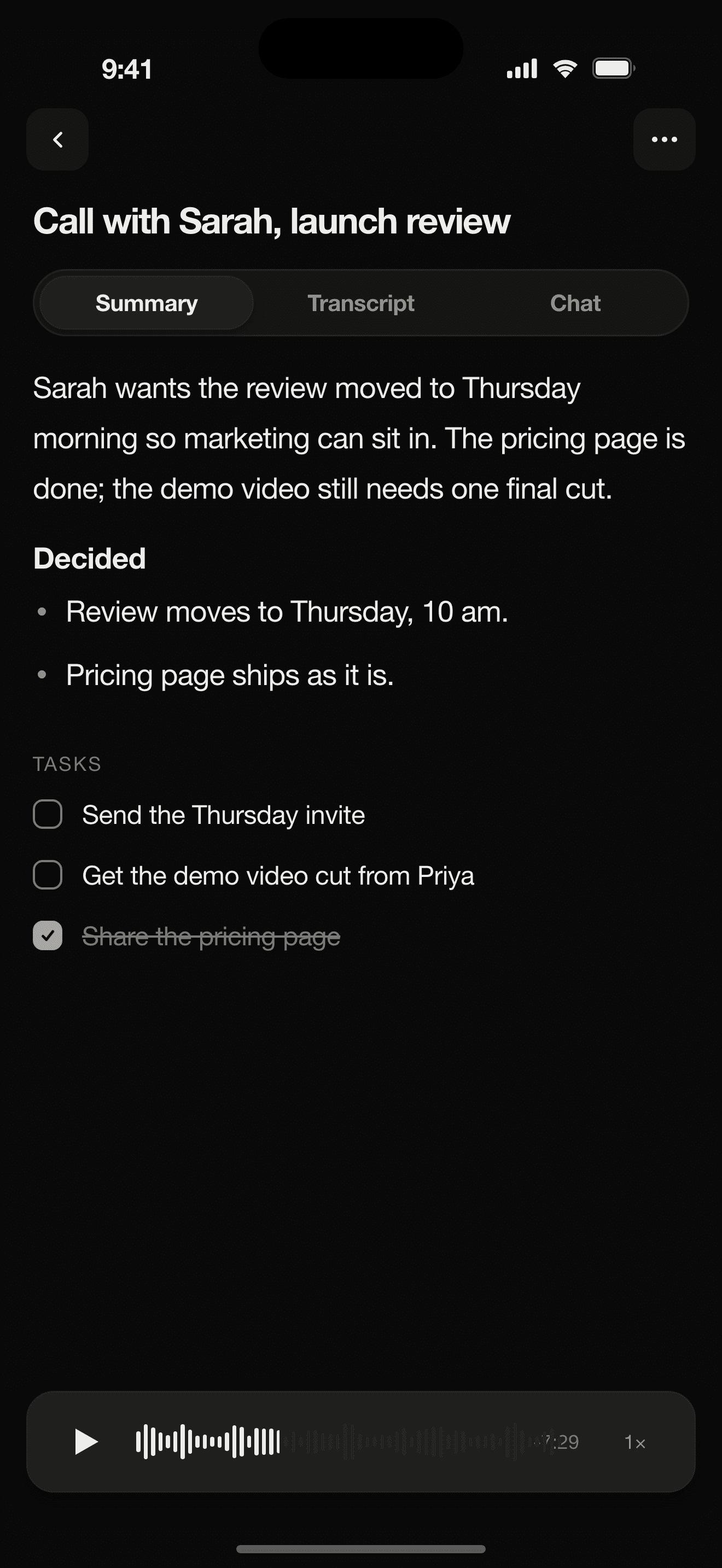 A finished note with summary, decisions, and tasks